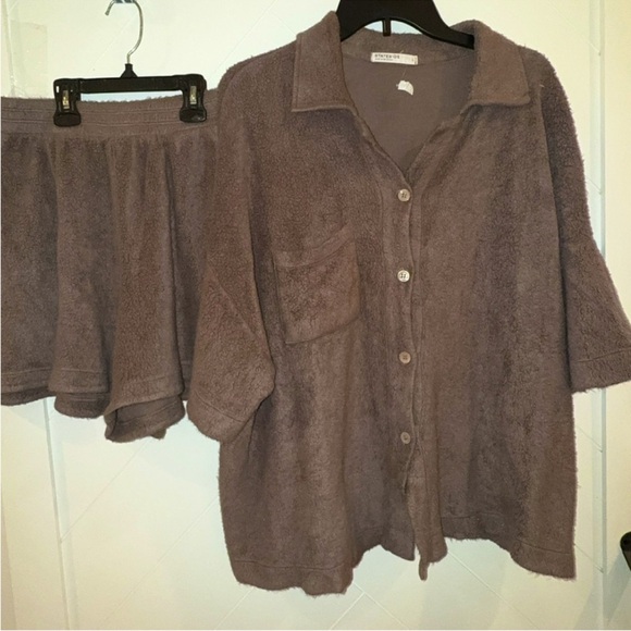 NWT Stateside Sherpa 2-Piece Lounge Set Walnut Brown Top M Shorts L Cozy Fleece - Picture 7 of 13